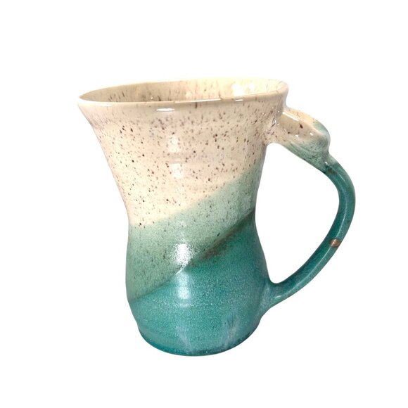 Art Pottery Vase Handmade Ceramic Speckled Tan Teal Green Gradient Glaze Signed - Picture 3 of 8